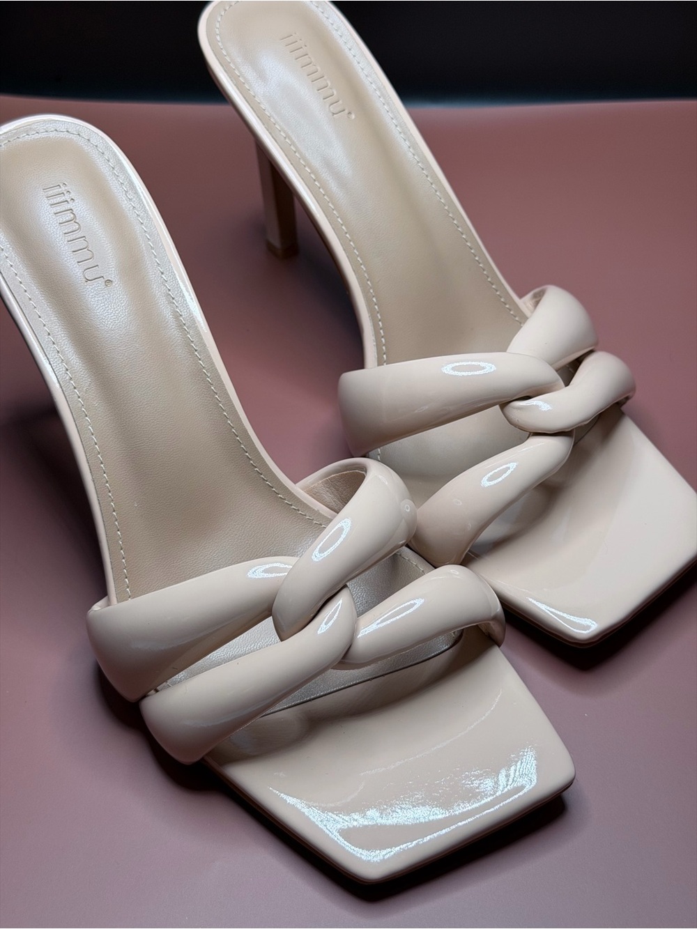 Beige Patent Leather Square Toe Stilettos
